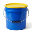 5 gallon blue plastic pail with a yellow plastic lid. there should be a metal wire handle but do not put it in the air. it should be restin on the bucket