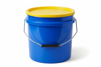 5 gallon blue plastic pail with a yellow plastic lid. there should be a metal wire handle but do not put it in the air. it should be restin on the bucket